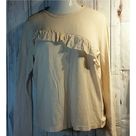 Lucky Brand Shirt Ladies Large Ivory Long Sleeve Light Weight Ruffle Raw‎ Neck - Picture 3 of 8